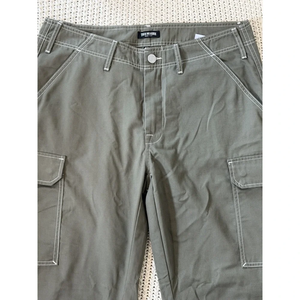 Men's True Religion Size 34 Olive Green Y2K Cargo Denim Wide Leg Gorpcore Jeans